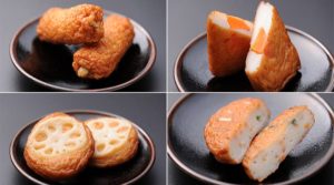 さつま揚げー具材4種類のコラージュ画像（ごぼう、人参、れんこん、野菜）