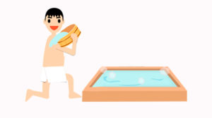 湯船に入る前にお湯をかけているイラスト